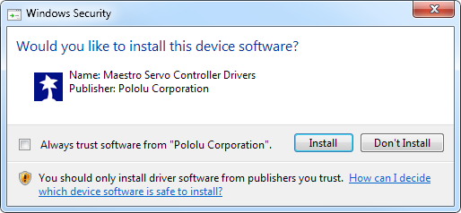 The main question in the prompt is "Would you like to install this device software?" and it shows the name of the package along with the publisher.  There are two options: Install and Don't Install.  There is one tiny warning that says: You should only install driver software from publishers you trust.  How can I decide which device software is safe to install?